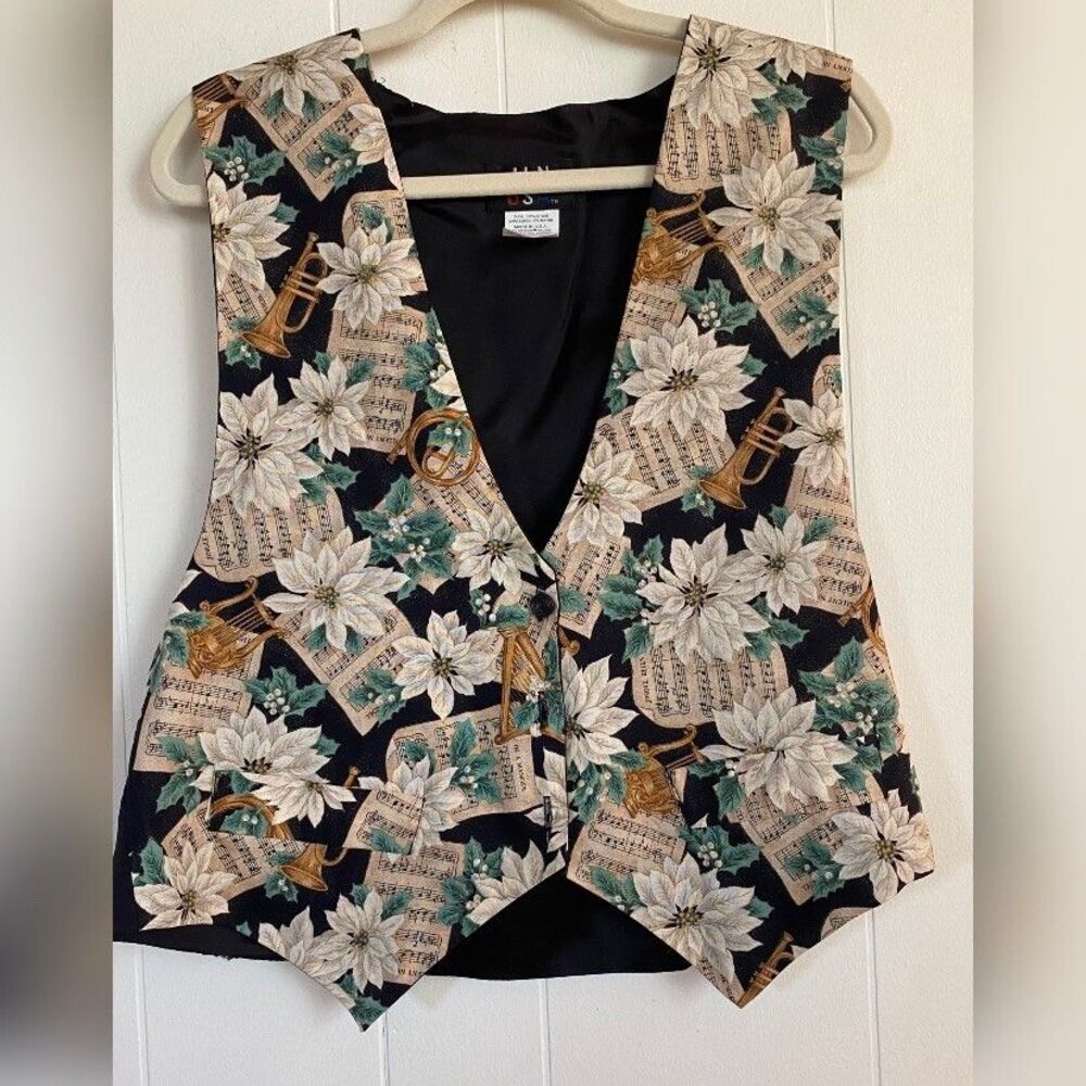 JLN USA Vest Women’s XL Black Beige Sheet Music Floral Christmas Vintage